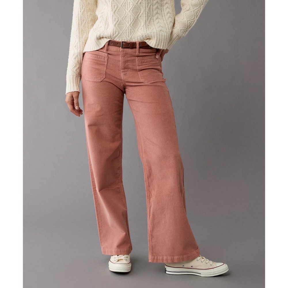 American Eagle Low-Rise Baggy Wide Leg Corduroy Pants Blush Pink Rose 14 32W NWT